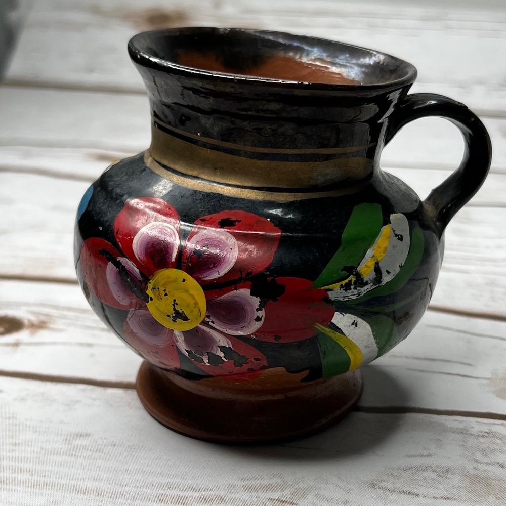 Handmade Mexican Pottery Mug Black Floral Hand Painted Red Ware Folk Art 4.5in